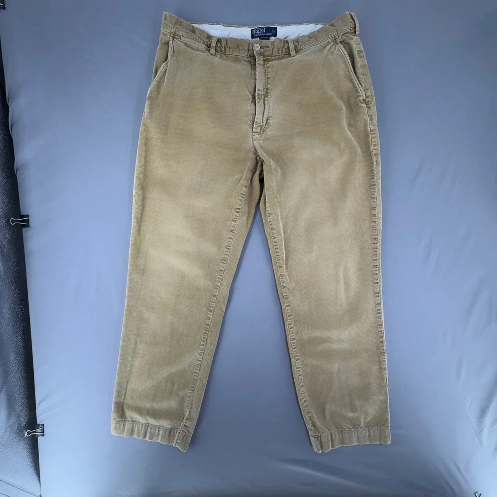 Vintage Polo Ralph Lauren Corduroy Pants Mens 36x32 Tan Khaki Cords Flat Front